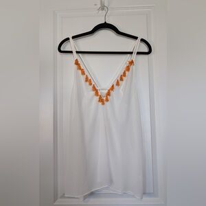 Ramy Brook Antonia V Neck Beaded Tassel Sleeveless Top White NWT Size M/L